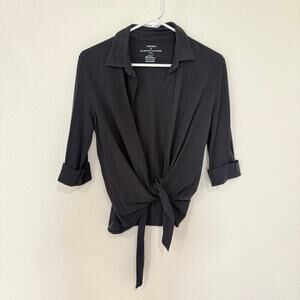 Majestic Filatures x Cindy Bruna Black Wrap Tie Front Blouse French Chic Small